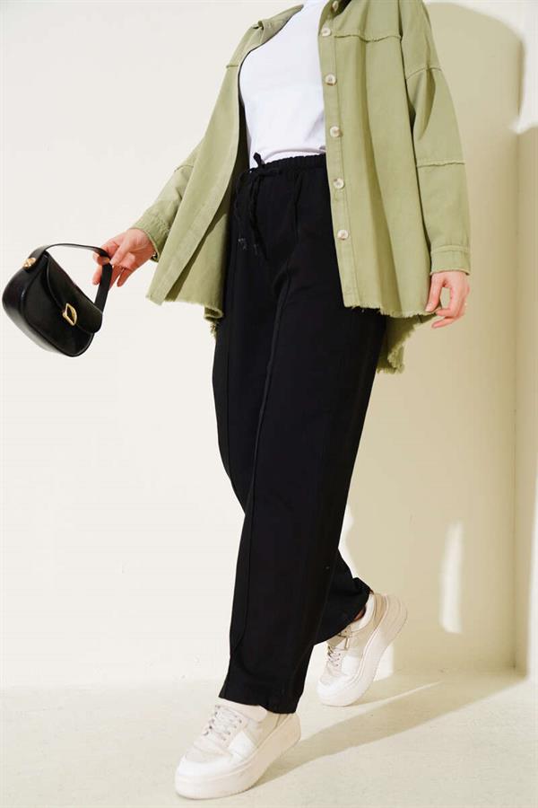 Elastic Waist Denim Trousers Black