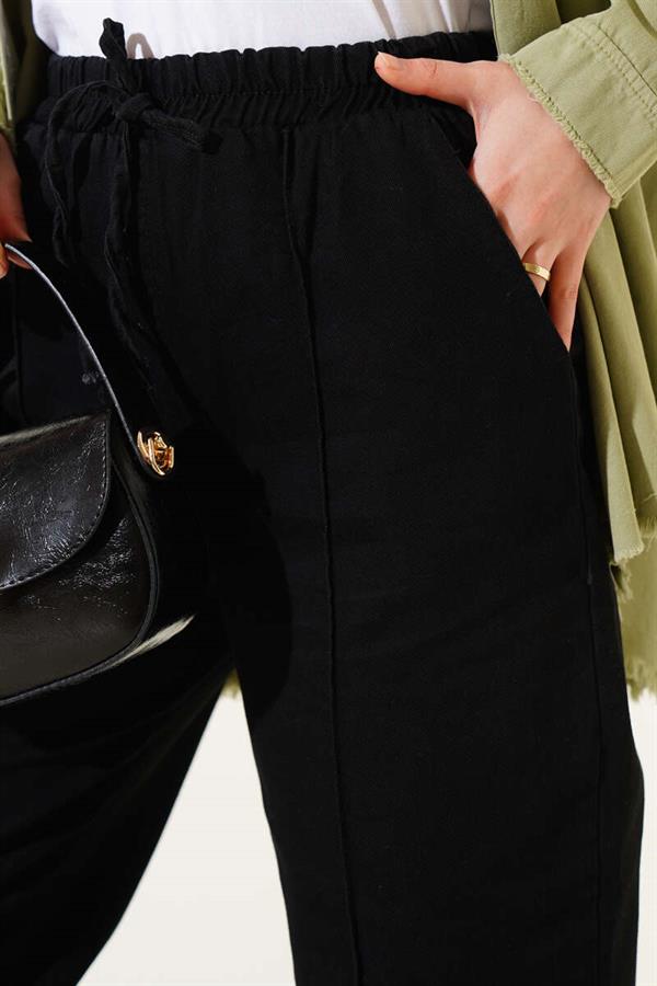 Elastic Waist Denim Trousers Black