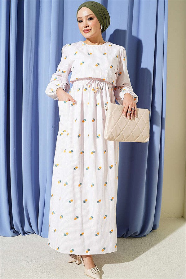 Striped Pineapple Pattern Dress with Elastic Waistband, Yellow
