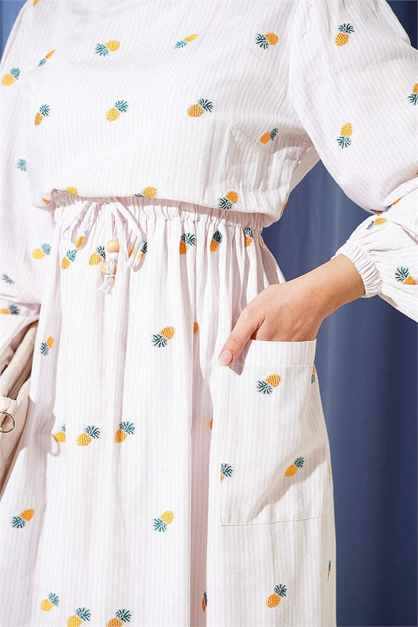 Striped Pineapple Pattern Dress with Elastic Waistband, Yellow