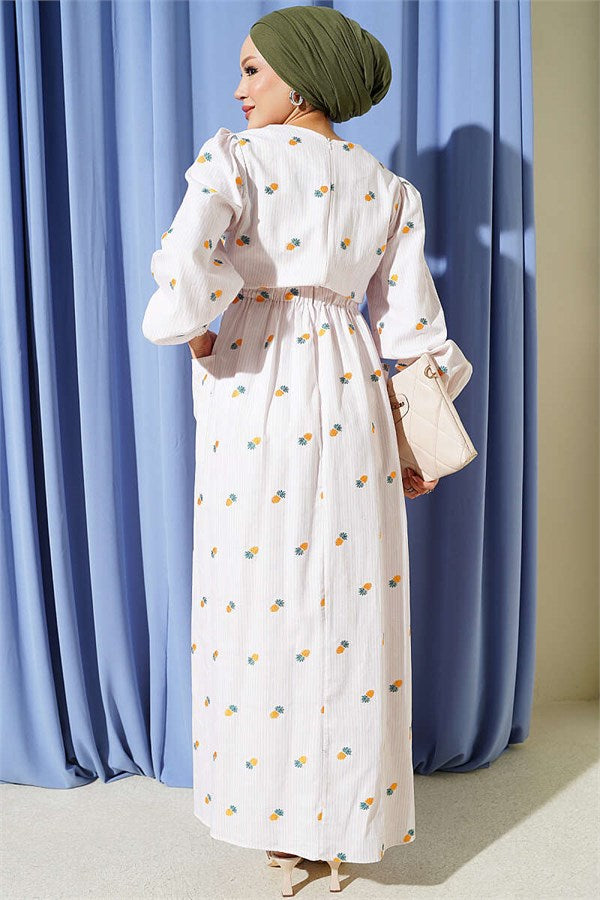 Striped Pineapple Pattern Dress with Elastic Waistband, Yellow