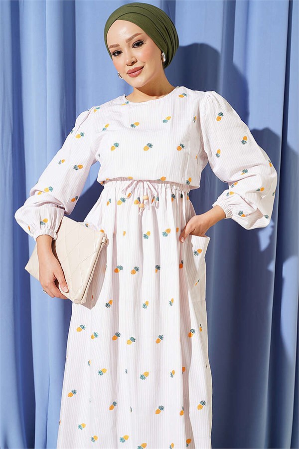 Striped Pineapple Pattern Dress with Elastic Waistband, Yellow
