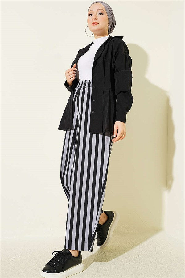 Striped Poplin Trousers with Elastic Waistband, Grey