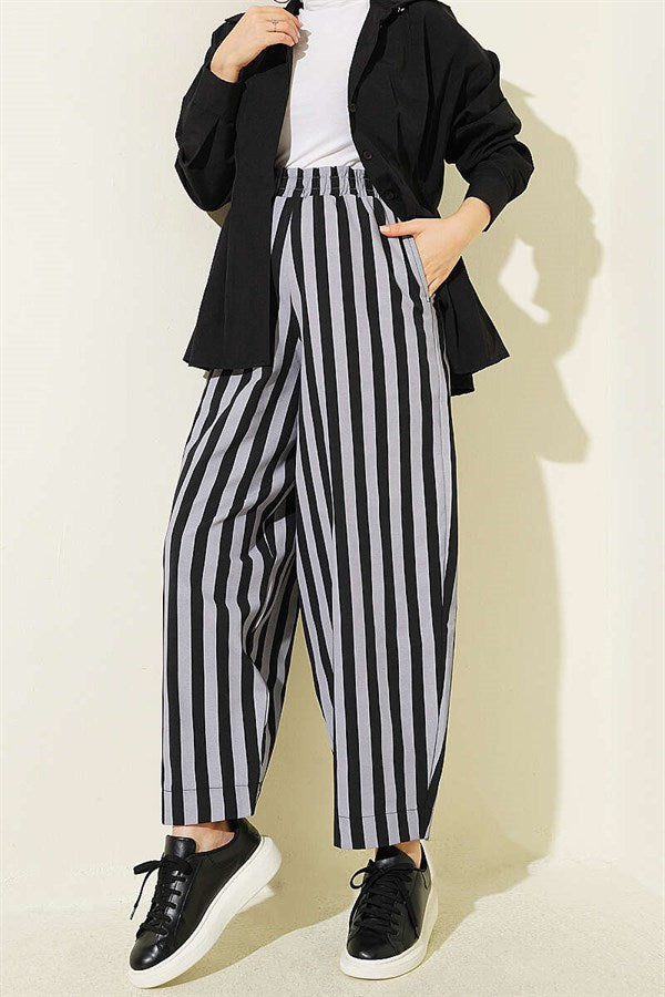 Striped Poplin Trousers with Elastic Waistband, Grey
