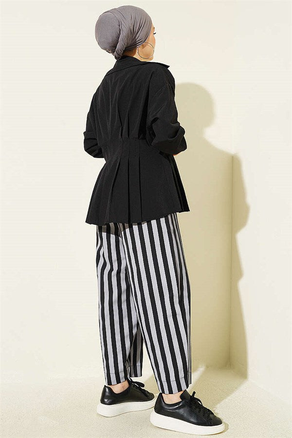 Striped Poplin Trousers with Elastic Waistband, Grey