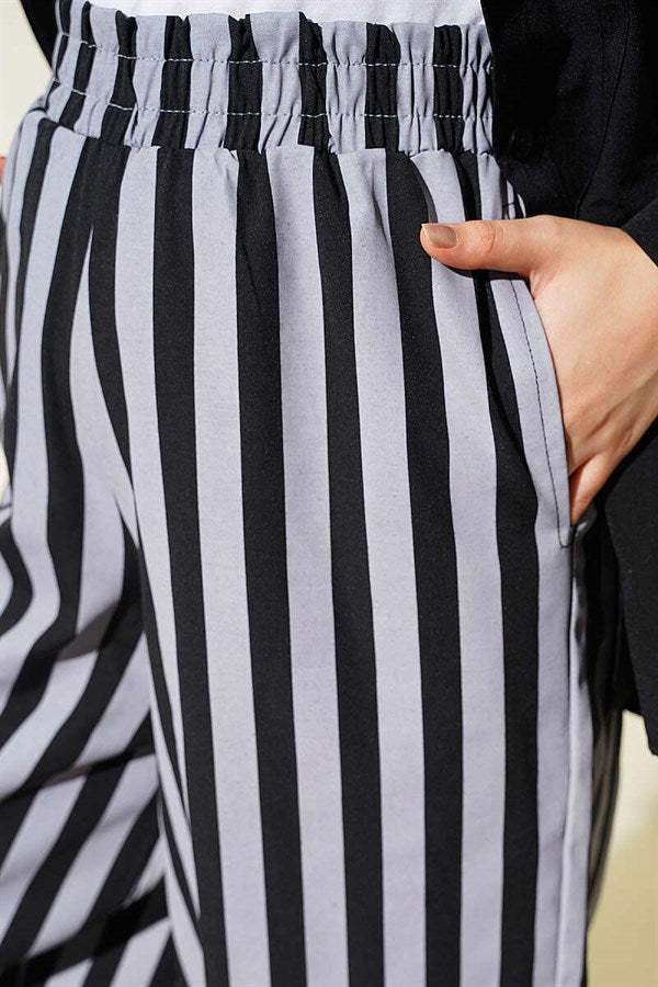 Striped Poplin Trousers with Elastic Waistband, Grey
