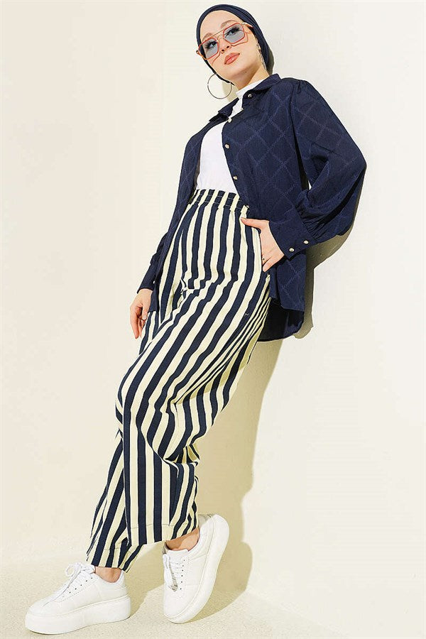 Striped Poplin Pants with Elastic Waistband, Yellow