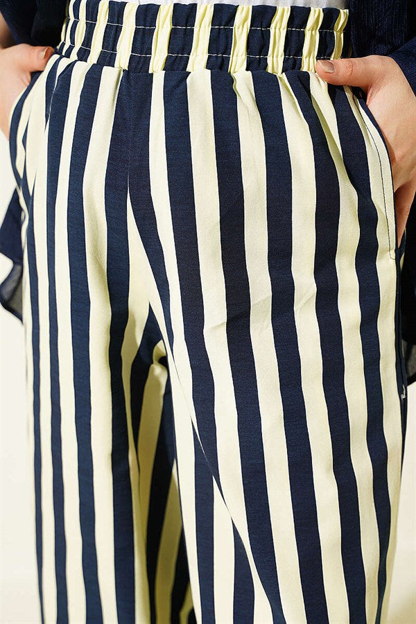 Striped Poplin Pants with Elastic Waistband, Yellow