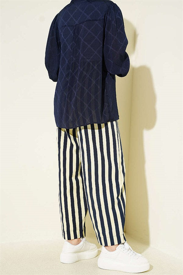 Striped Poplin Pants with Elastic Waistband, Yellow