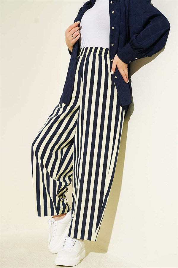 Striped Poplin Pants with Elastic Waistband, Yellow