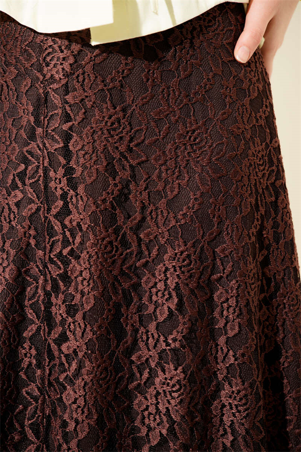 Lace Flared Skirt with Elastic Waistband, Brown