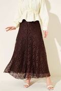 Lace Flared Skirt with Elastic Waistband, Brown