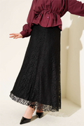 Black Flared Skirt with Lace Trim and Elastic Waistband