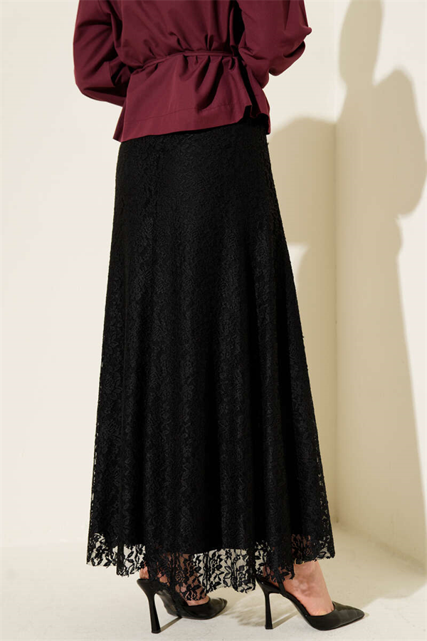 Black Flared Skirt with Lace Trim and Elastic Waistband