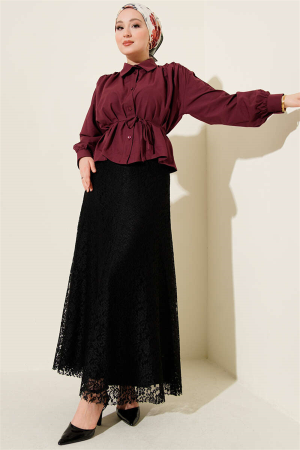 Black Flared Skirt with Lace Trim and Elastic Waistband