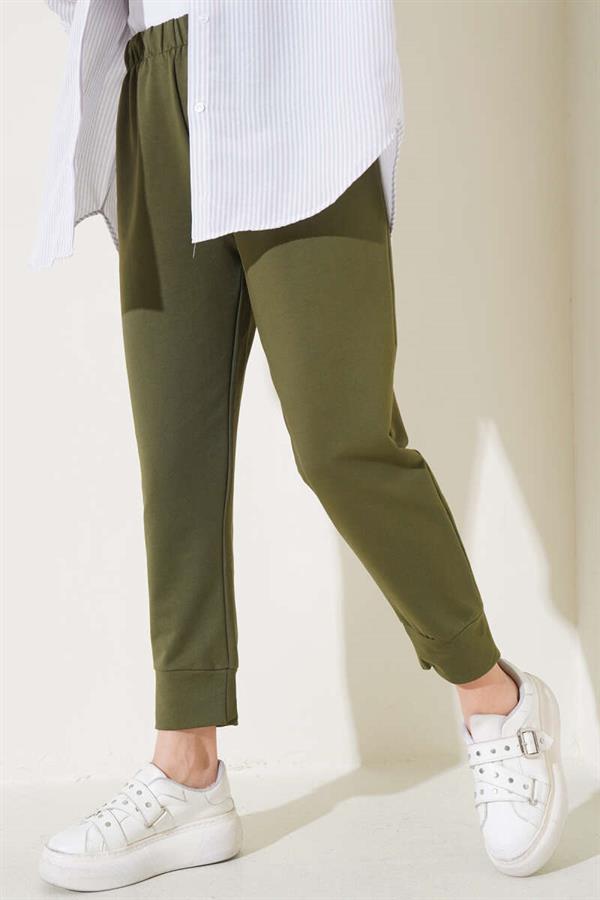 Elastic Waist Skinny Leg Basic Trousers Khaki