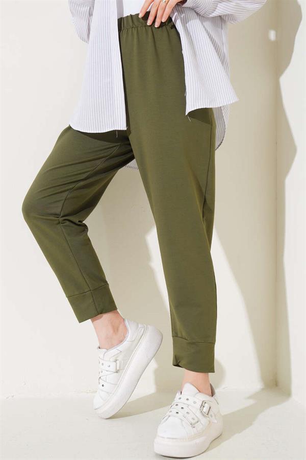 Elastic Waist Skinny Leg Basic Trousers Khaki