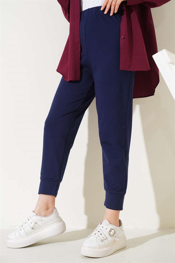 Elastic Waist Skinny Leg Basic Trousers Navy Blue