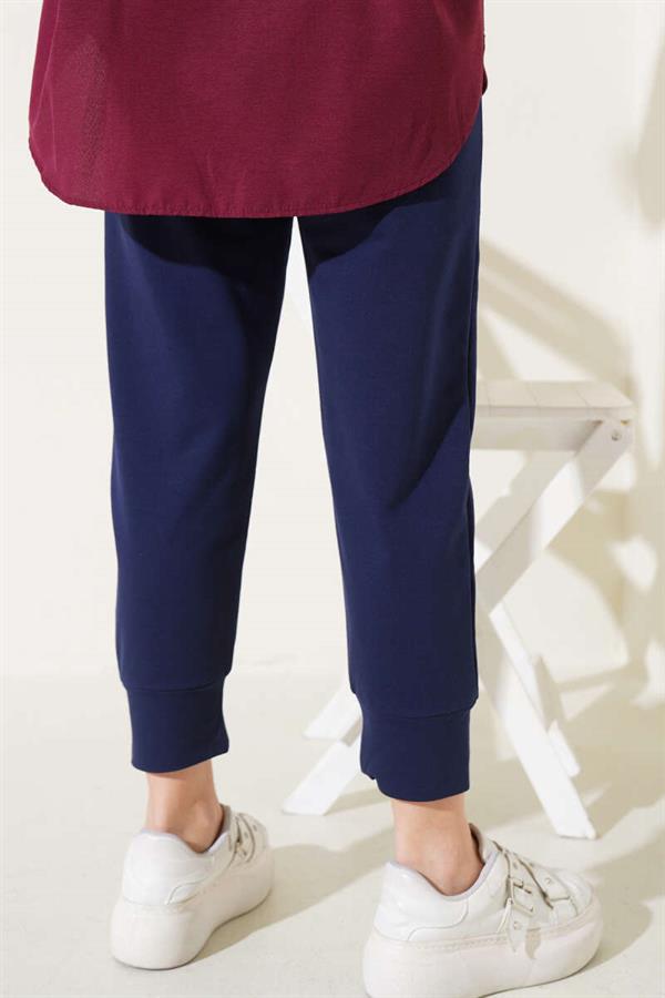 Elastic Waist Skinny Leg Basic Trousers Navy Blue