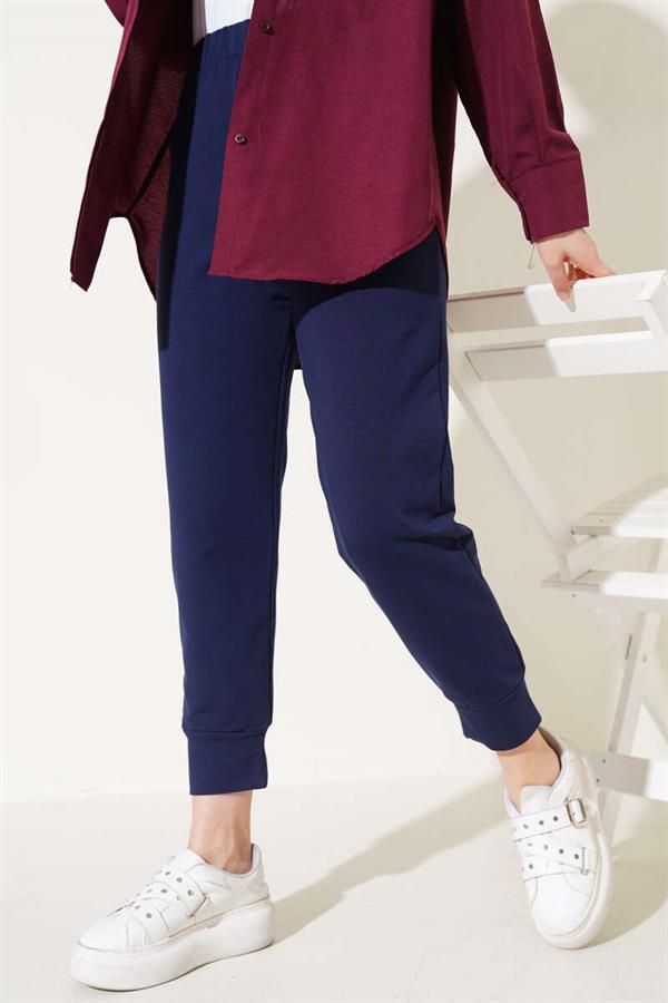 Elastic Waist Skinny Leg Basic Trousers Navy Blue