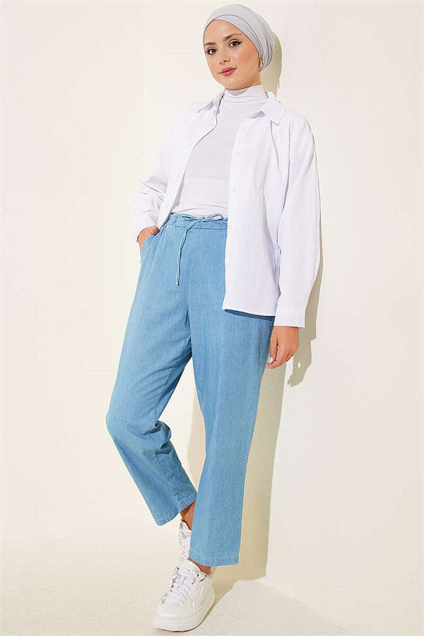 Elastic Waist Skinny Jeans Ice Blue