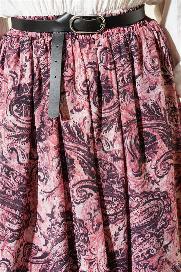 Patterned Belted Skirt with Elastic Waistband, Rose Pink