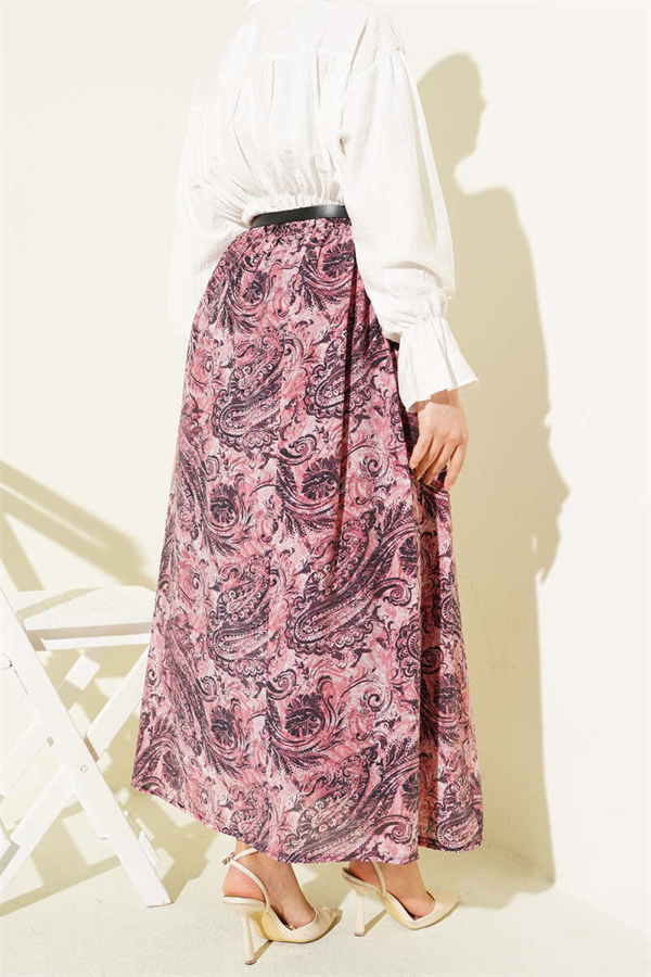 Patterned Belted Skirt with Elastic Waistband, Rose Pink