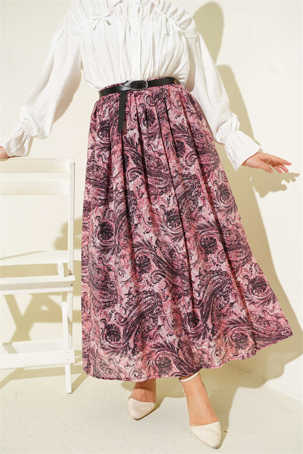 Patterned Belted Skirt with Elastic Waistband, Rose Pink