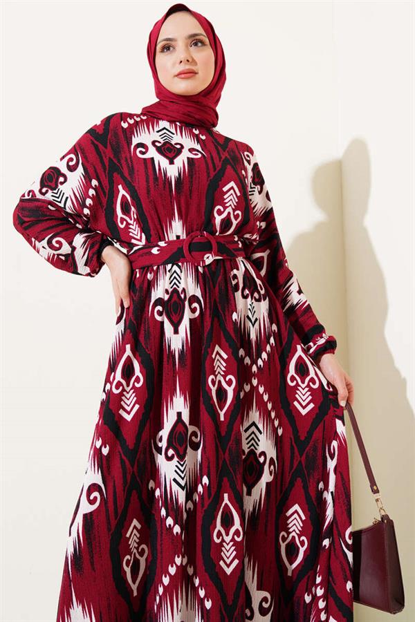 Patterned Mevlana Dress with Elastic Waist, Burgundy