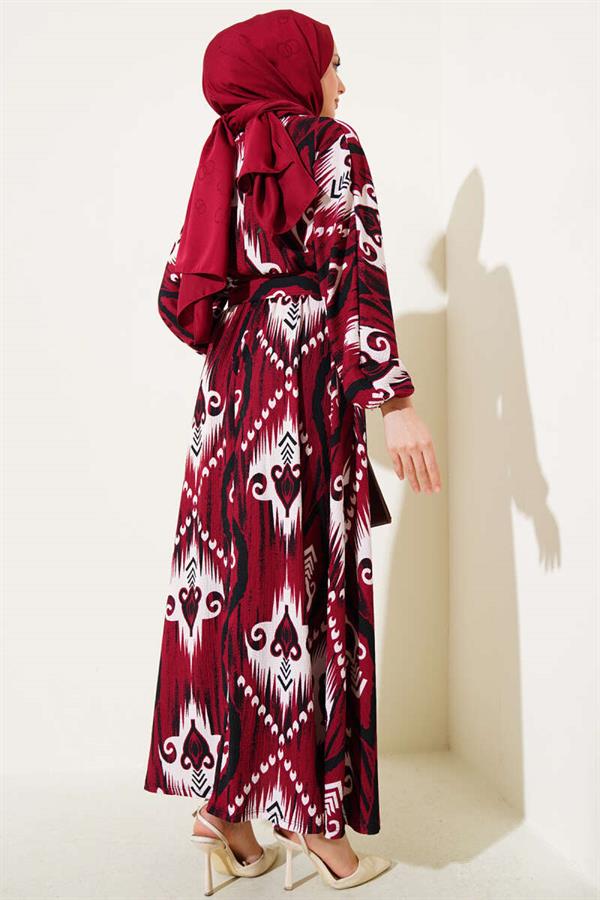 Patterned Mevlana Dress with Elastic Waist, Burgundy