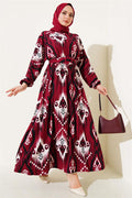 Patterned Mevlana Dress with Elastic Waist, Burgundy