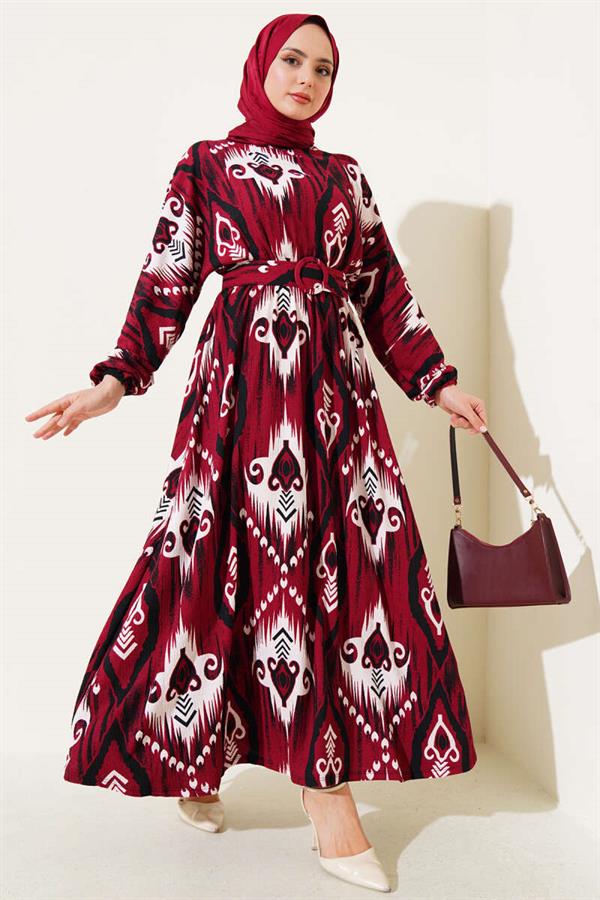 Patterned Mevlana Dress with Elastic Waist, Burgundy