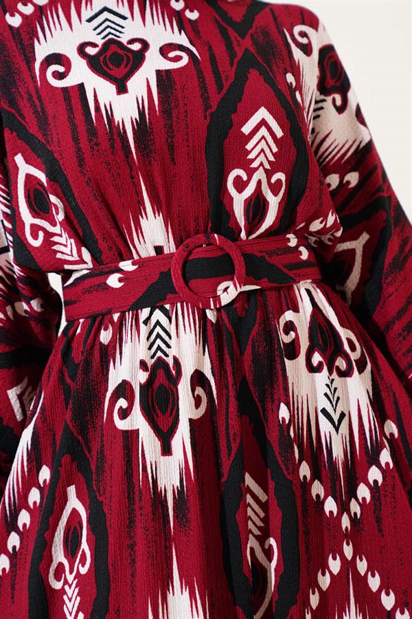 Patterned Mevlana Dress with Elastic Waist, Burgundy