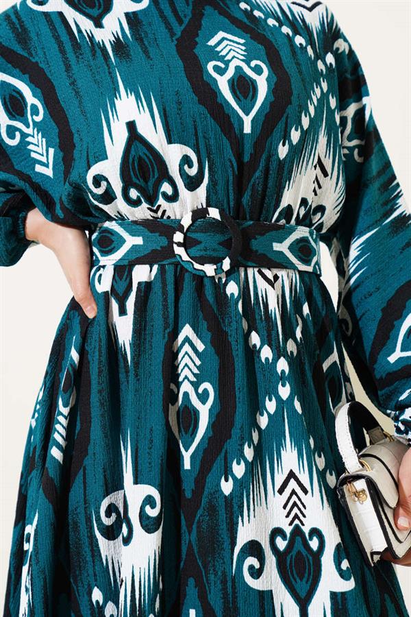 Mevlana Dress with Elastic Waist Pattern Emerald