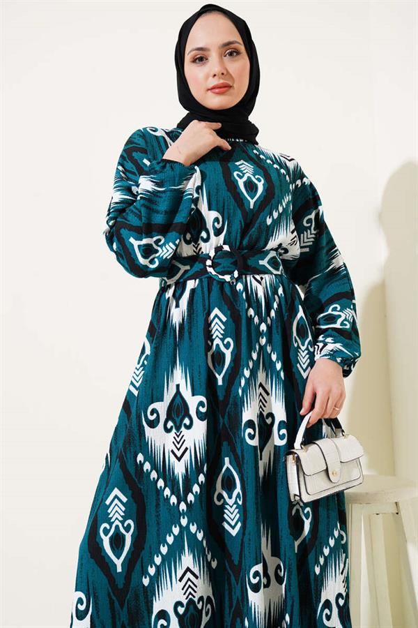 Mevlana Dress with Elastic Waist Pattern Emerald