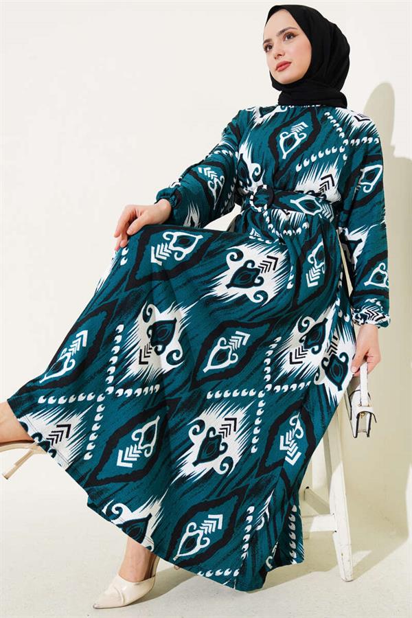Mevlana Dress with Elastic Waist Pattern Emerald