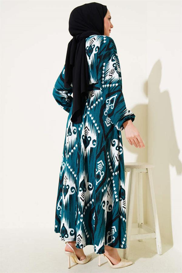 Mevlana Dress with Elastic Waist Pattern Emerald