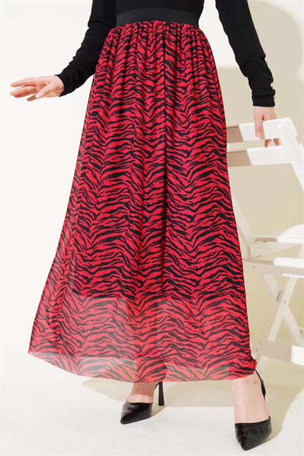 Elastic Waist Patterned Chiffon Skirt Red