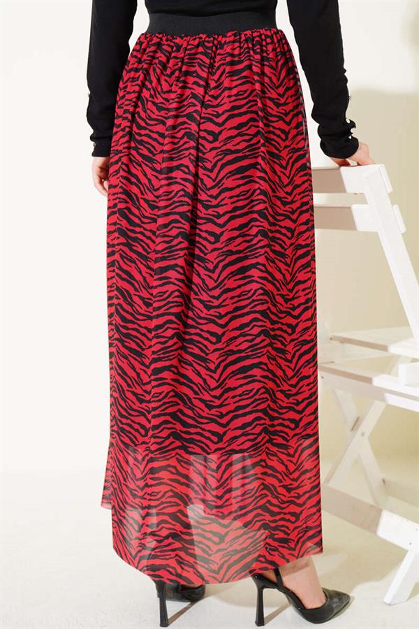 Elastic Waist Patterned Chiffon Skirt Red