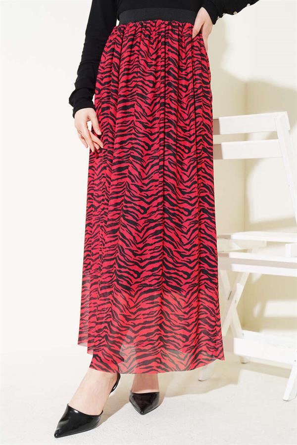 Elastic Waist Patterned Chiffon Skirt Red