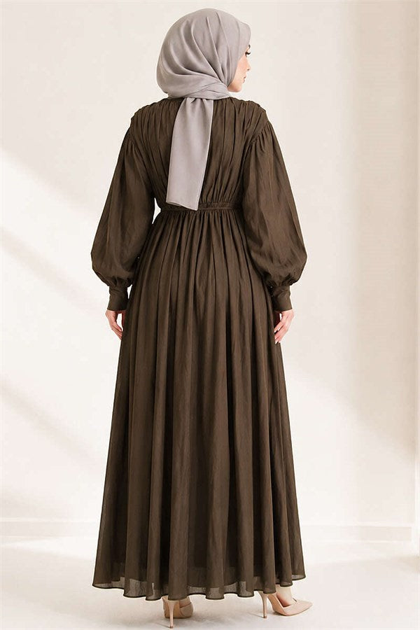 Elastic Waist Vertical Pleated Dress Dark Brown