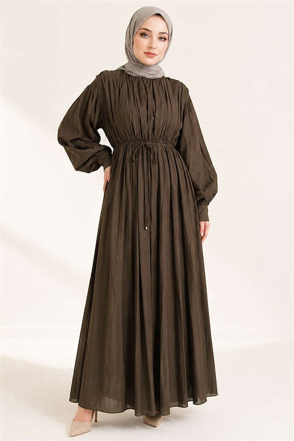 Elastic Waist Vertical Pleated Dress Dark Brown