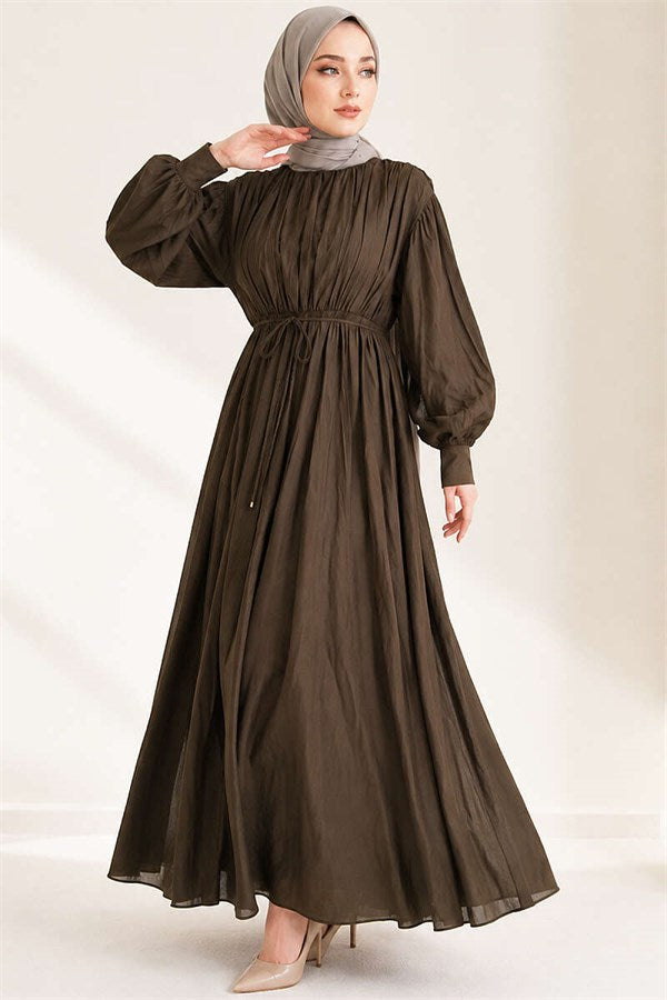 Elastic Waist Vertical Pleated Dress Dark Brown