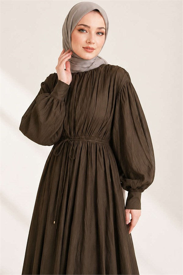 Elastic Waist Vertical Pleated Dress Dark Brown