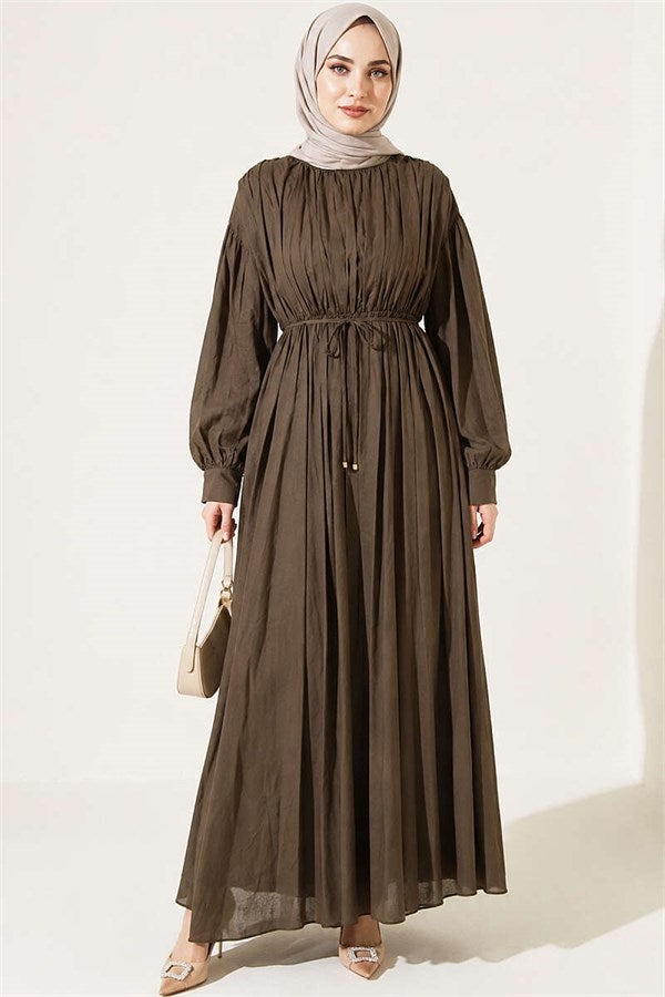 Vertically Pleated Dress with Elastic Waistband, Khaki