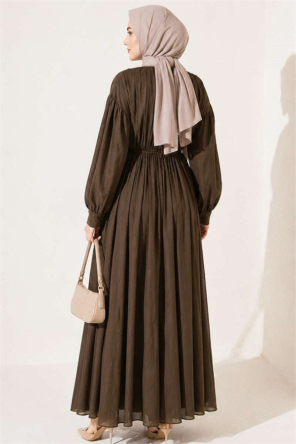 Vertically Pleated Dress with Elastic Waistband, Khaki