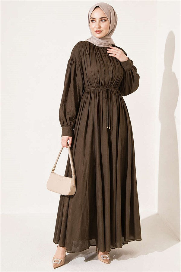 Vertically Pleated Dress with Elastic Waistband, Khaki