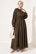 Vertically Pleated Dress with Elastic Waistband, Khaki