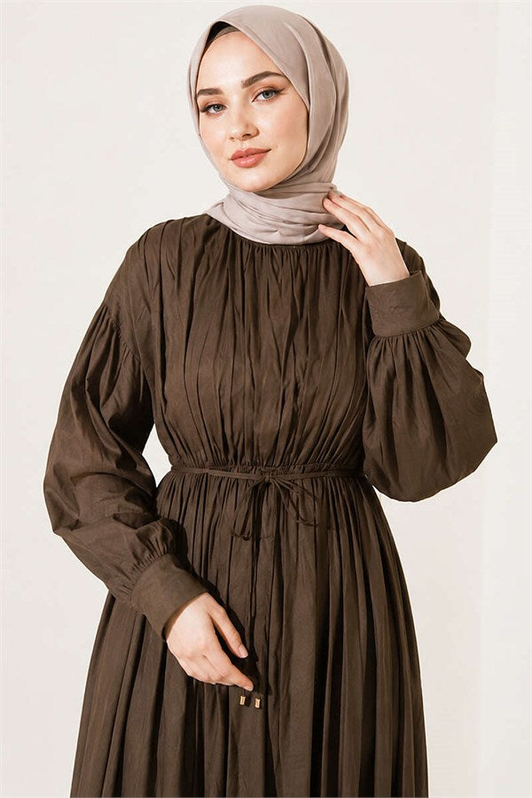 Vertically Pleated Dress with Elastic Waistband, Khaki