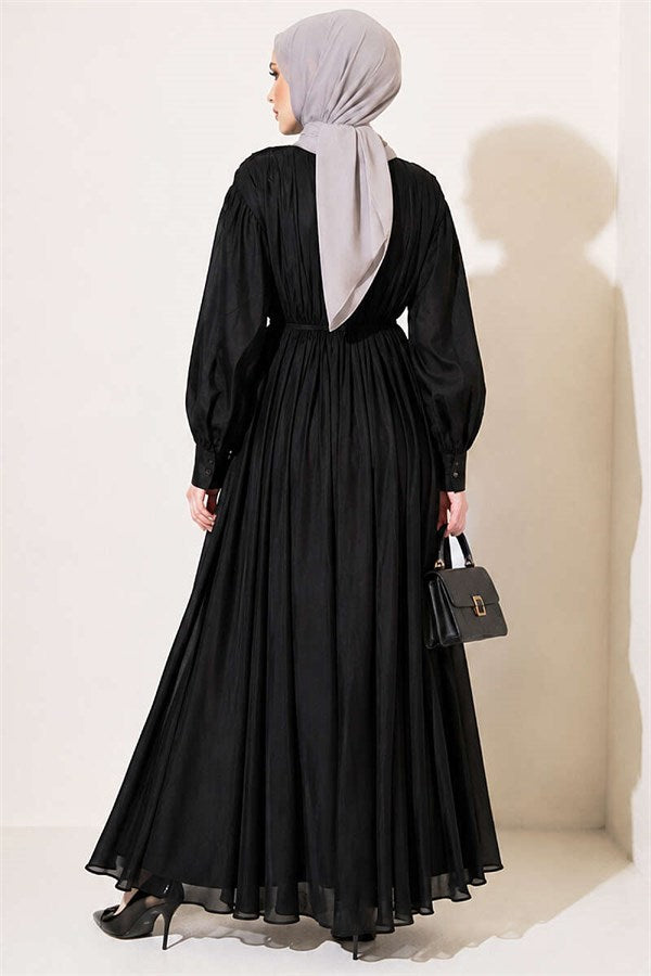 Black Vertical Pleated Dress with Elastic Waistband
